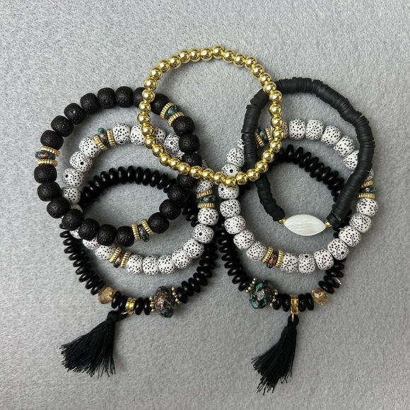 Stylish Boho Chic Gold & Black Stacked Bracelets -Trendy Mixed Style Bracelets - Picture 11 of 17